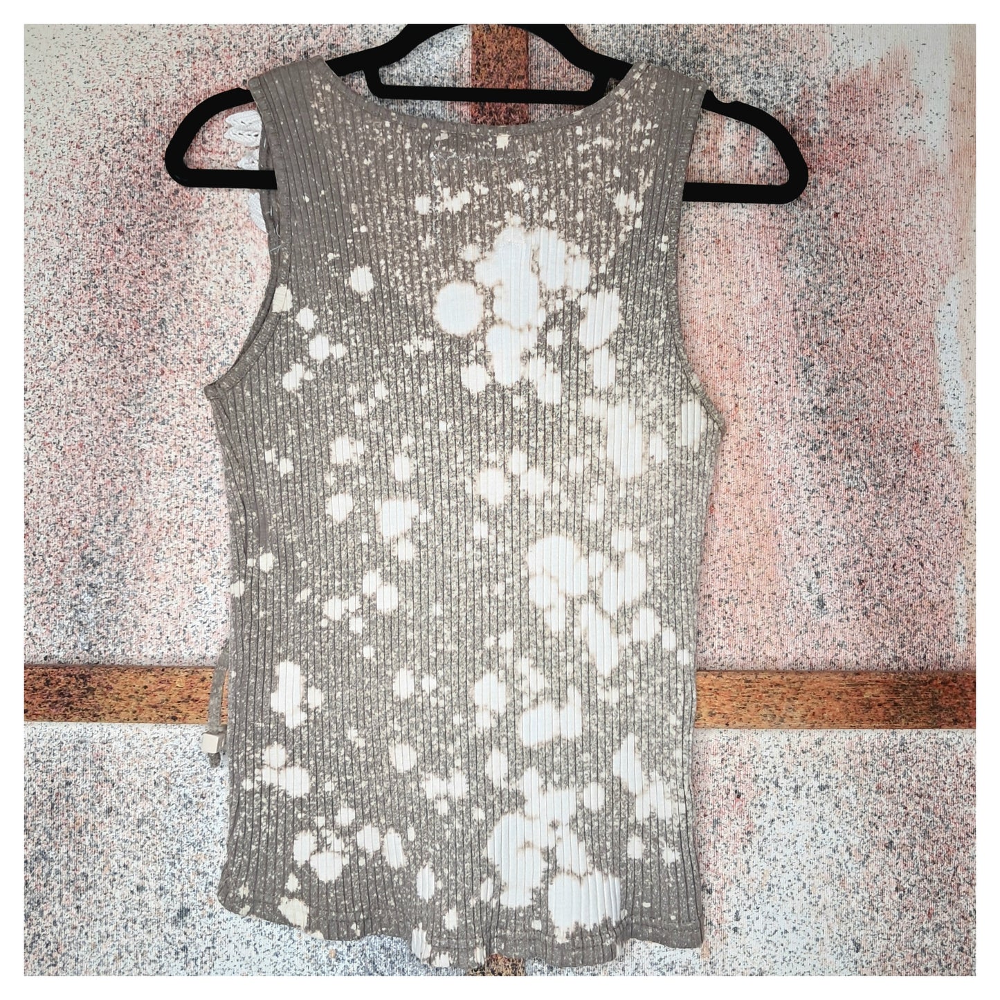 Recycled, upcycled tie-dye tank top with a crocheted white flower and vintage buttons