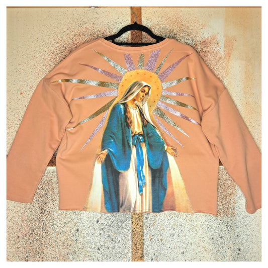 recycled, upcycled pink pullover with our lady of guadalupe pattern. glitter heat press