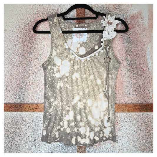 Recycled, upcycled tie-dye tank top with a crocheted white flower and vintage buttons