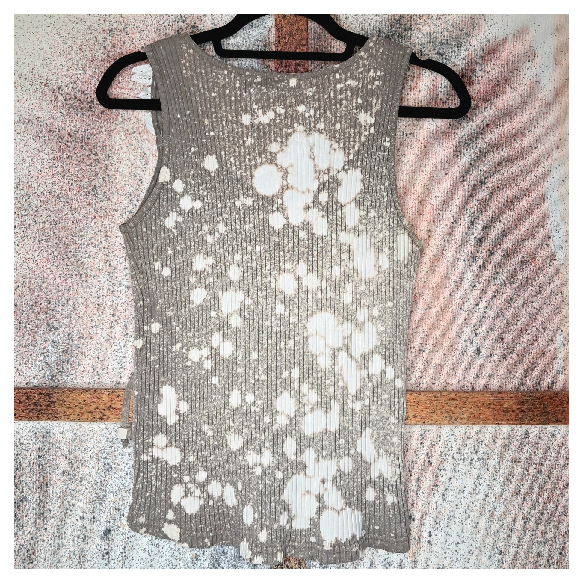 Recycled, upcycled tie-dye tank top with a crocheted white flower and vintage buttons