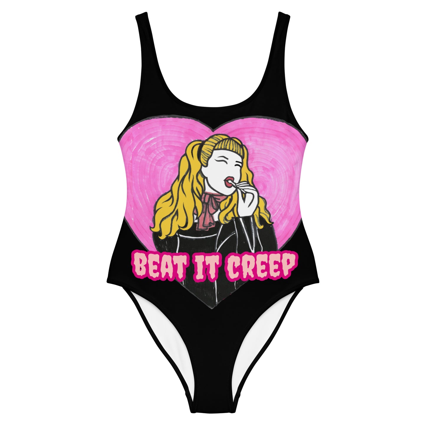 Wanda Woodward "black heart" one-piece swimsuit front Poisoned Divas