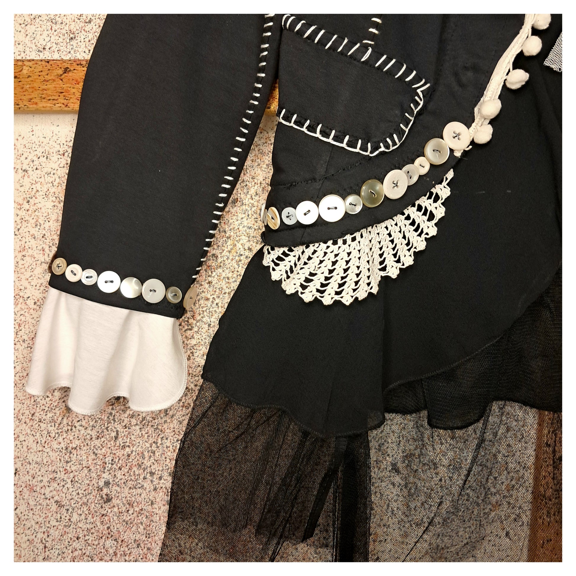 boho, recycling, upcycling angelwing black blazer with vintage buttons, handemroiedered, handmade