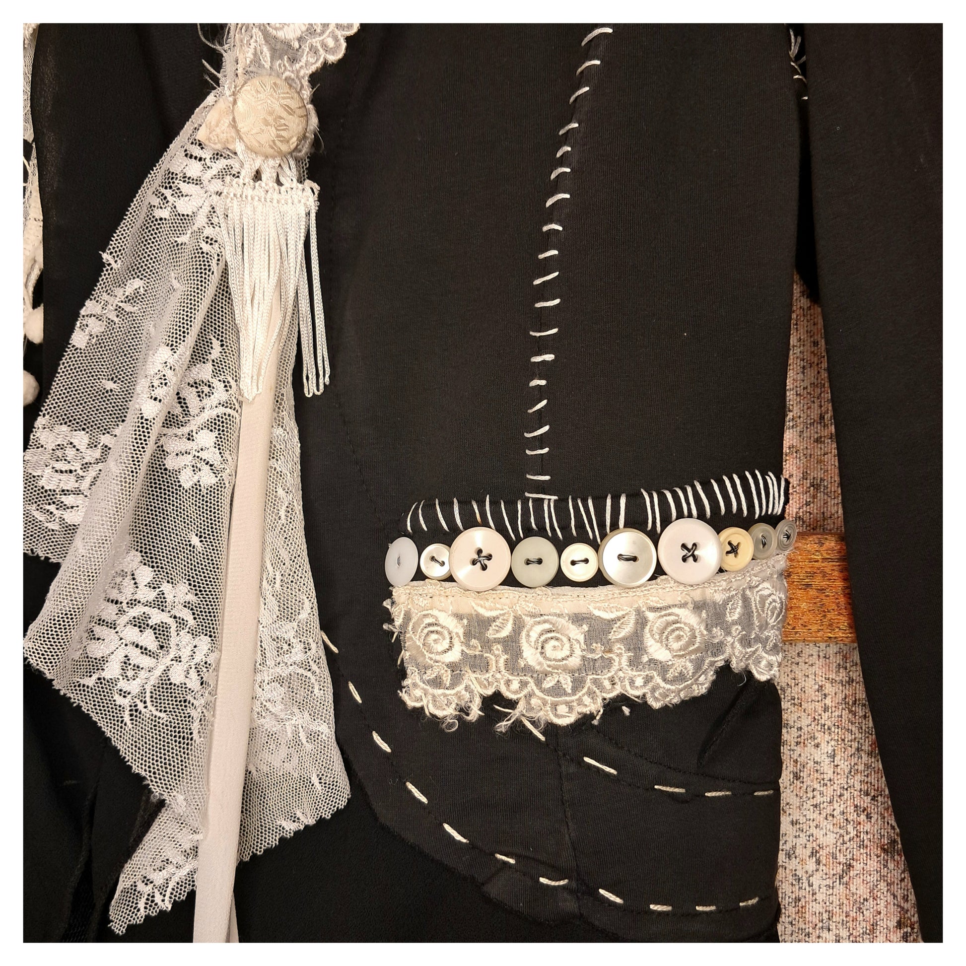boho, recycling, upcycling angelwing black blazer with vintage buttons, handemroiedered, handmade