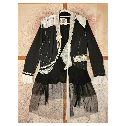boho, recycling, upcycling angelwing black blazer with vintage buttons, handemroiedered, handmade