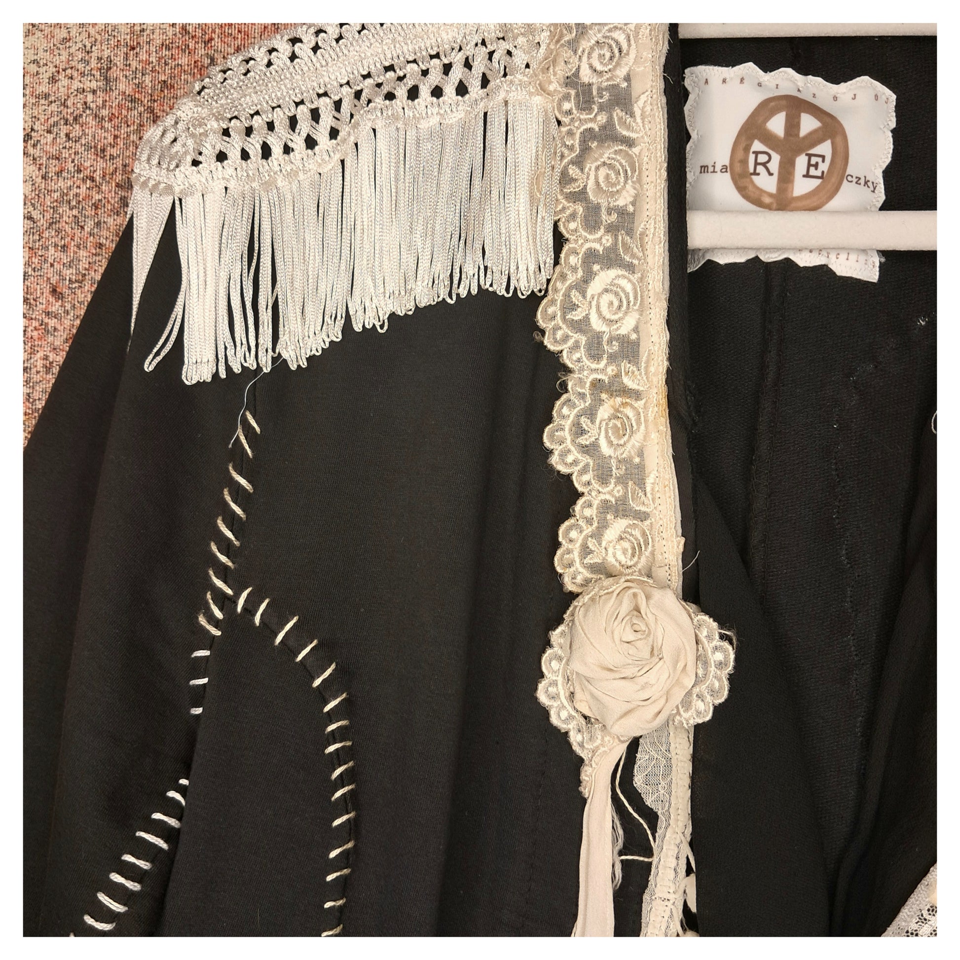 boho, recycling, upcycling angelwing black blazer with vintage buttons, handemroiedered, handmade