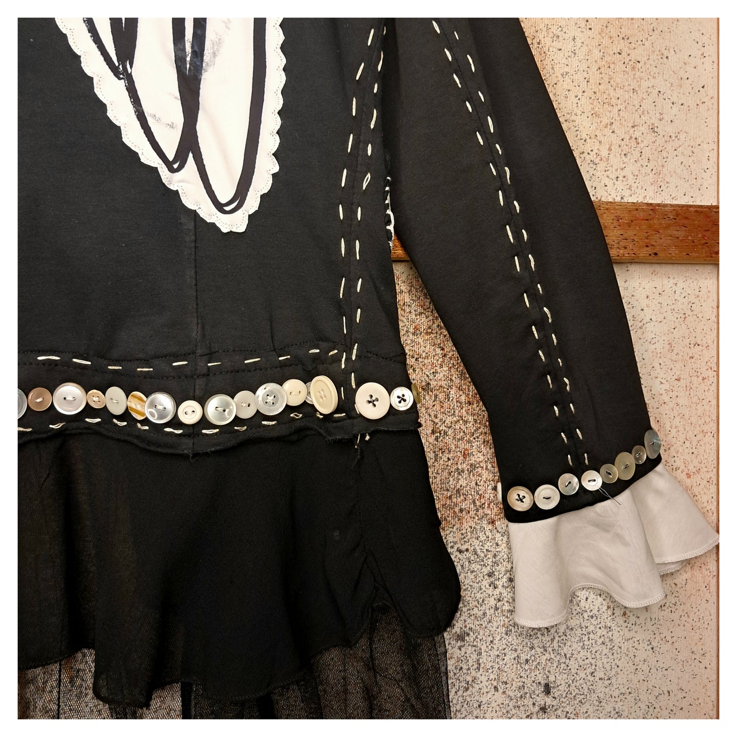 boho, recycling, upcycling angelwing black blazer with buttons, handemroiedered, handmade