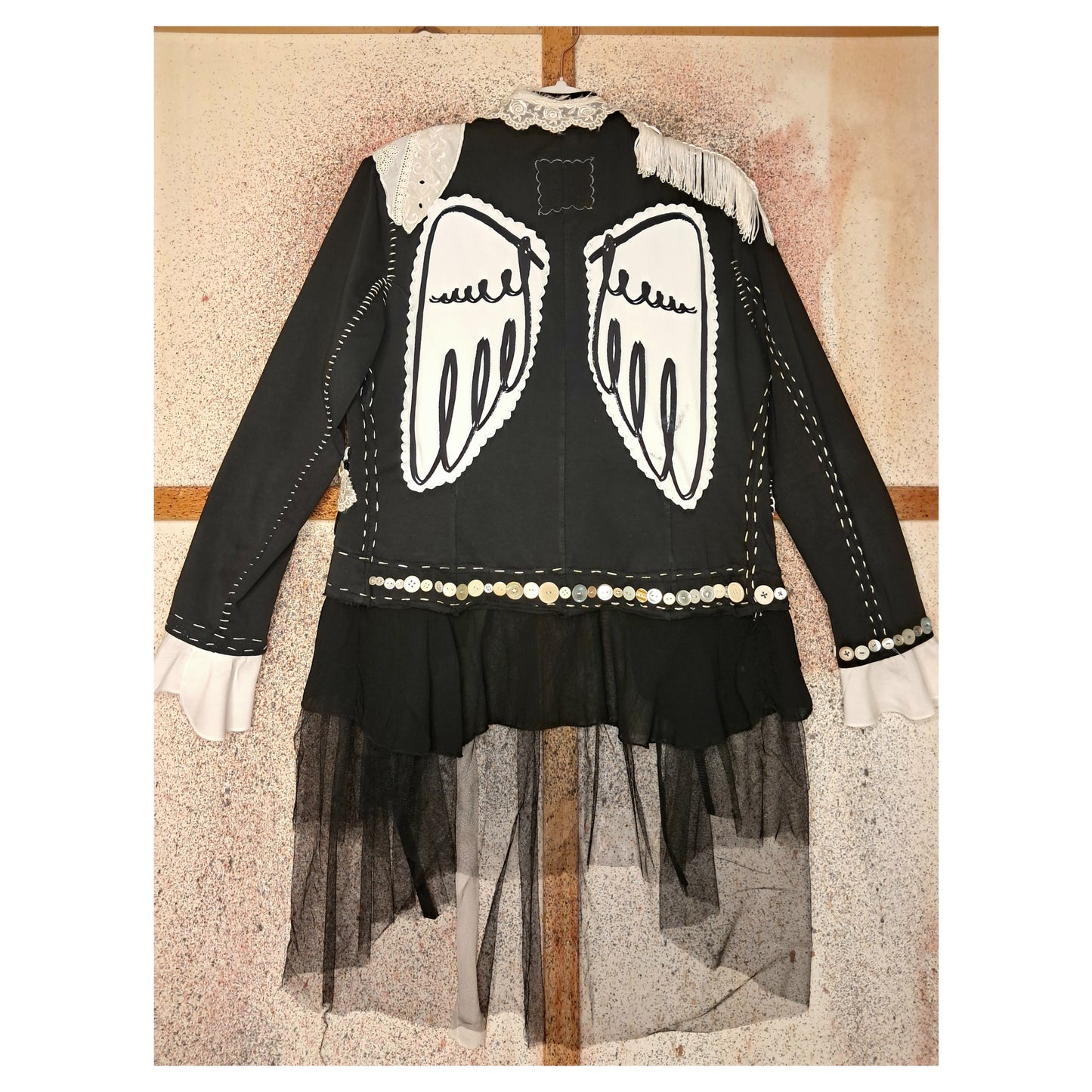 boho, recycling, upcycling angelwing black blazer with buttons, handemroiedered, handmade