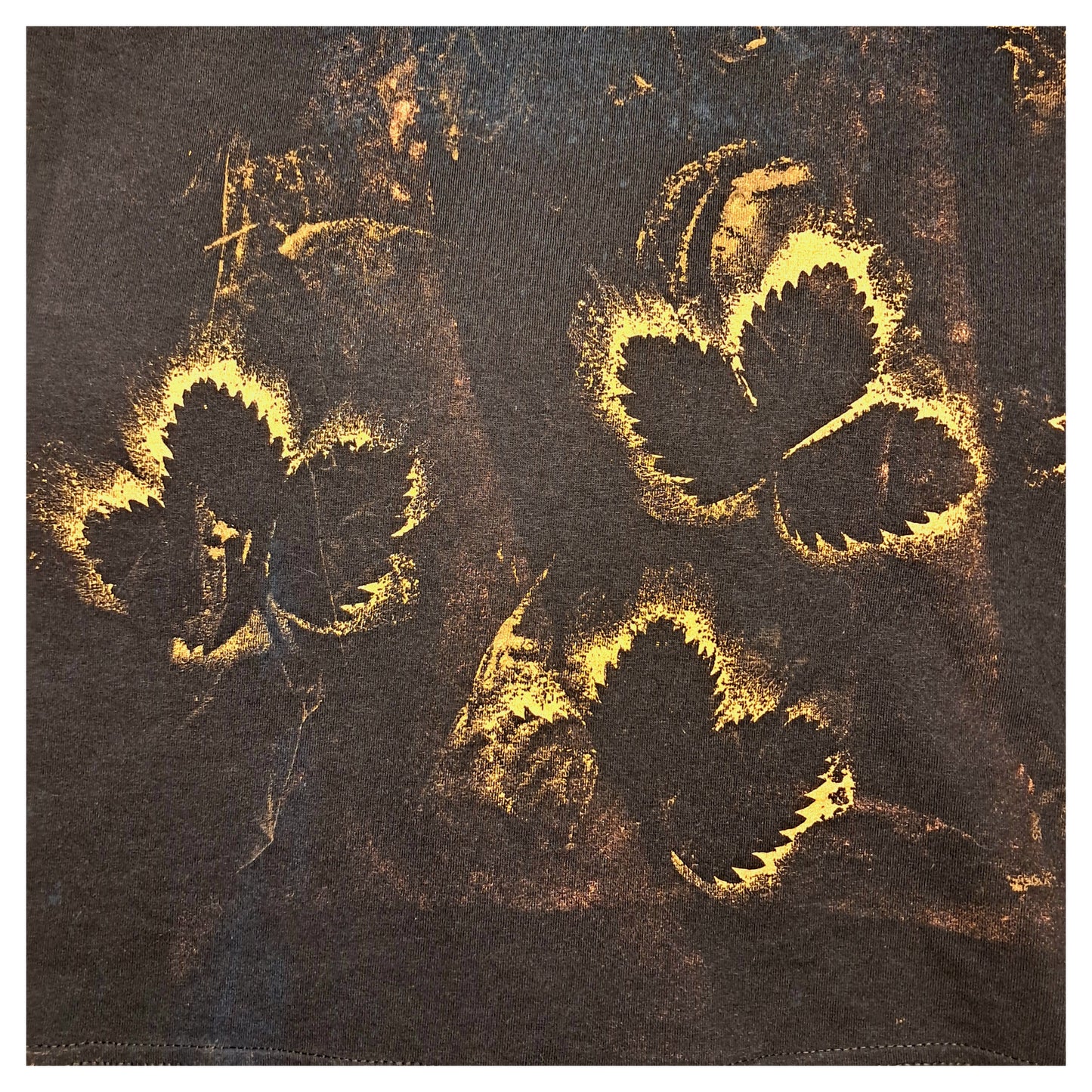 recycled, upcycledblack black t-shirt with handpainted gold leaf pattern and glitter controlled chaos heatprint