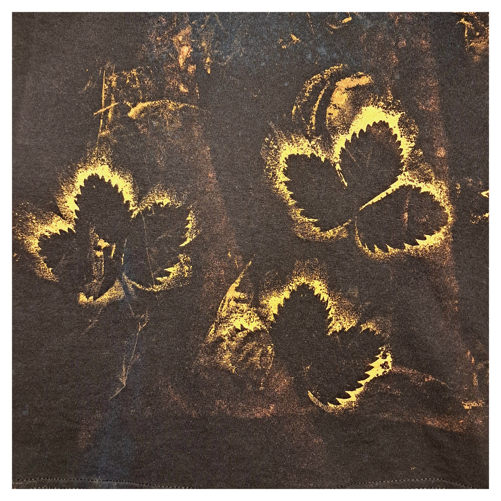 recycled, upcycledblack black t-shirt with handpainted gold leaf pattern and glitter controlled chaos heatprint