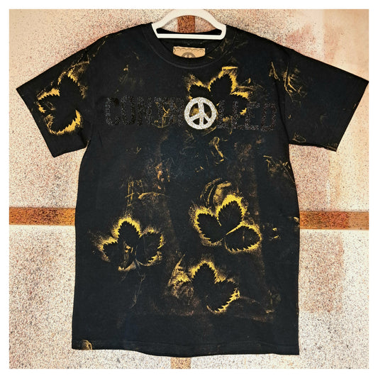 recycled, upcycledblack black t-shirt with handpainted gold leaf pattern and glitter controlled chaos heatprint