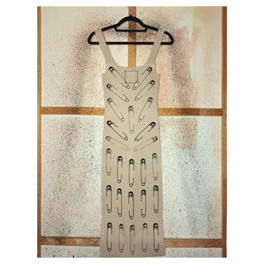 recycling upcacling beige sexy punk women partydress with safety pins pattern